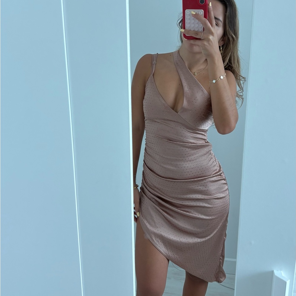 Oh Polly Gold Ruched Asymmetrical Cocktail Dress